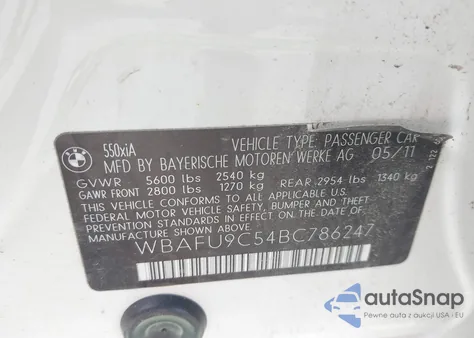 2011 BMW 550I xDrive z USA, uszkodzony, nr VIN WBAFU9C54BC786247